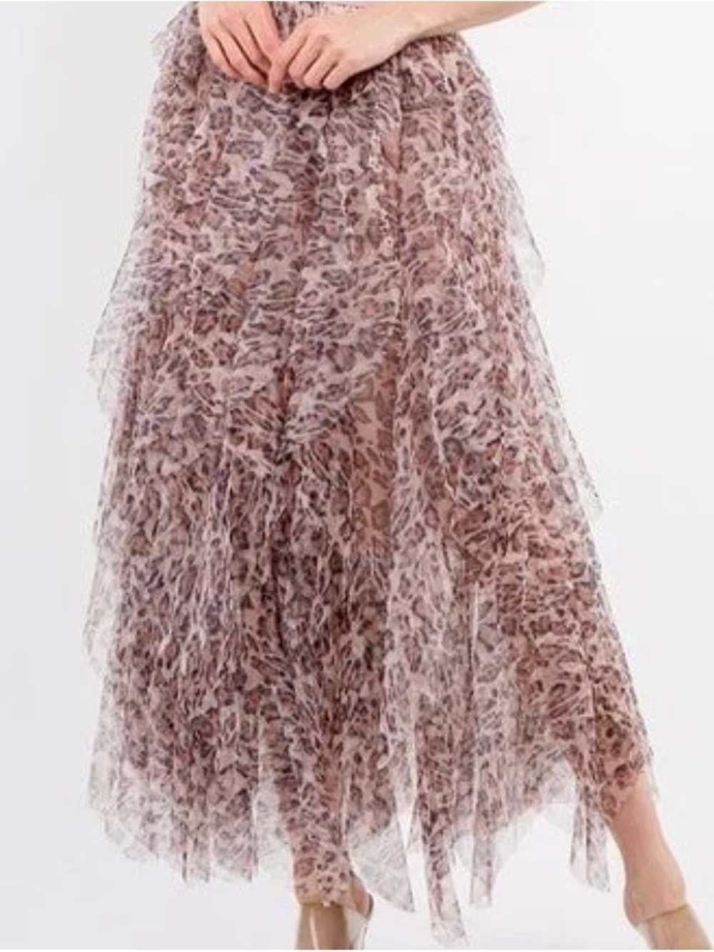 Pleated Ruffle Leopard-Print Maxi Skirt in Blush
